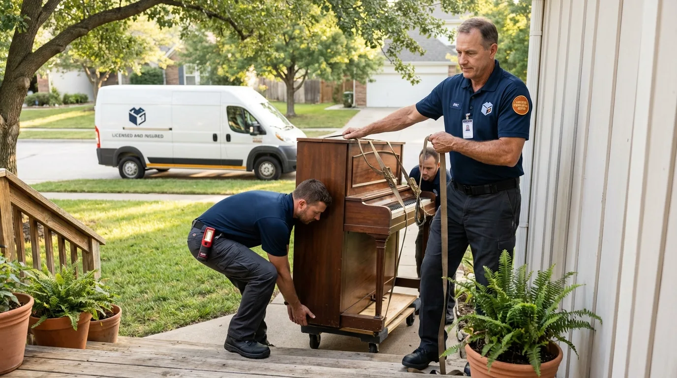 Licensed piano movers securing grand piano in Mona, UT