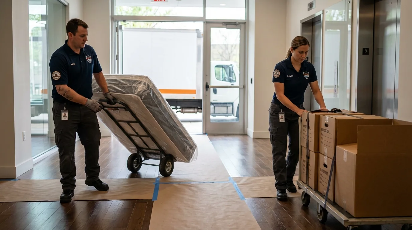 Professional apartment movers loading elevator in Mona, UT