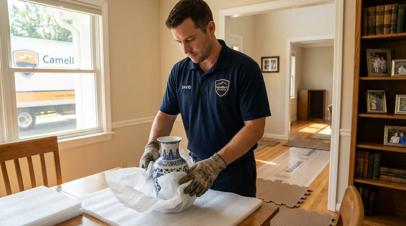Professional crew carefully wrapping antique vase for senior downsizing move in Mona, UT